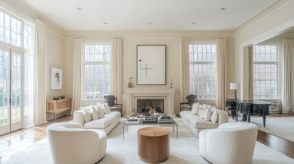 Wall Mural - Modern Living Room with White Couches, Fireplace, and Grand Piano