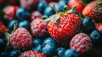   A cluster of blueberries, strawberries, and raspberries atop a green leaf