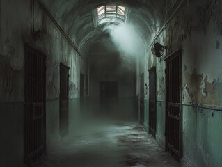 Wall Mural - Foggy Hallway in a Decaying Prison with Barred Doors