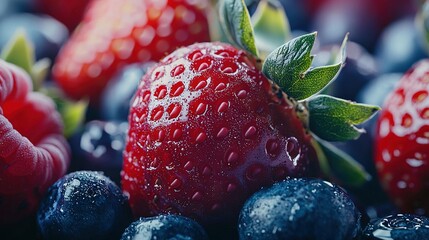 Sticker -   Close-up of strawberries, blueberries, raspberries, and strawberries with drops of water on them