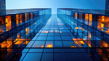 A modern skyscraper with glass facades, reflecting the sky and surrounding buildings