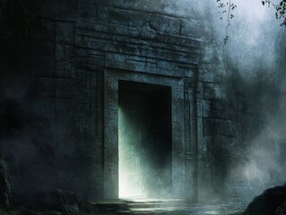 Wall Mural - Ancient Stone Gateway Leading into a Mysterious Foggy Forest