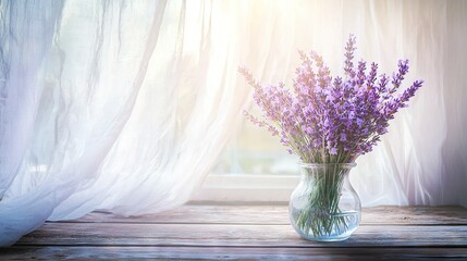 Sticker -  A vase brimming with vibrant purple blooms rests atop a wooden table, beside a white-curtained window