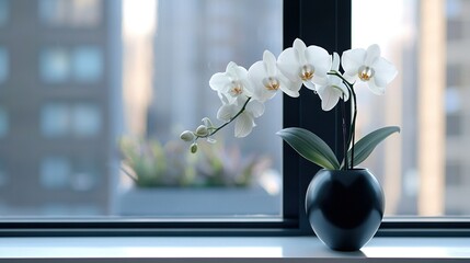 Canvas Print -   Black vase with white flowers on cityscape window sill background