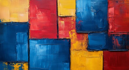 Wall Mural - Abstract composition of geometric shapes in vibrant red, blue, and yellow hues on canvas