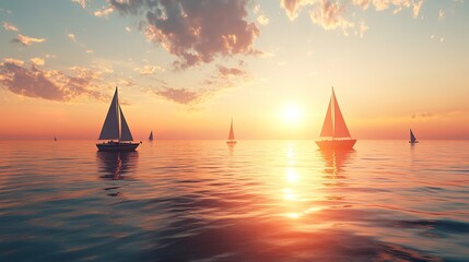 Sunrise over a calm ocean with sailing boats