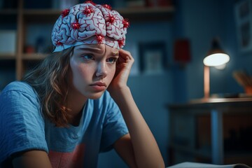 Poster - Biofeedback neuroprosthetics neuromodulation visual cortex and brain machine interface woman in thought with digital neural cap and glowing synaptic brain