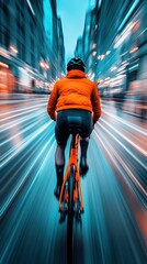 Wall Mural - A person riding a bike down the street in an orange jacket, AI