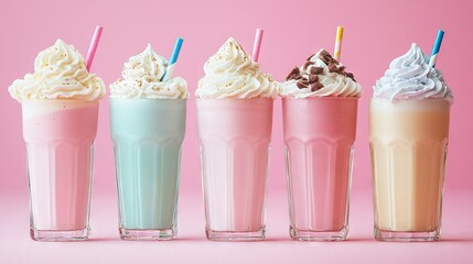 Canvas Print -   A row of milkshakes sits atop a pink table