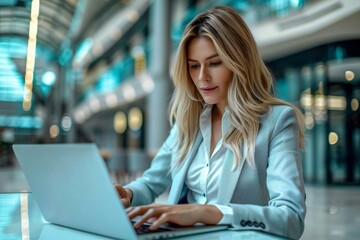 portrait of a professional businesswoman confidently using her laptop in a modern office setting, showcasing her focus and determination in the digital world of business.