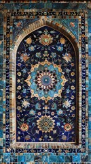 Traditional Persian mosaic wall with geometric and floral designs in Iran Blue ceramic tile background for text 