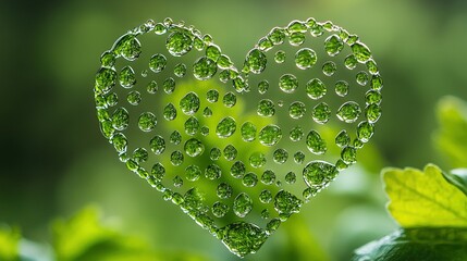 Poster -   A heart-shaped droplet water artistry on verdant foliage, surrounded by indistinct leafy silhouettes