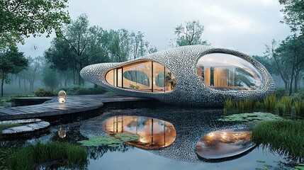   A rock building sits on water next to a green forest filled with trees