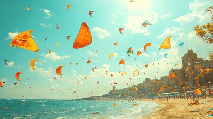 Canvas Print -   A beach brimming with countless kites soaring overhead, overlooking tranquil waters, and dotted with individuals lounging on the shore