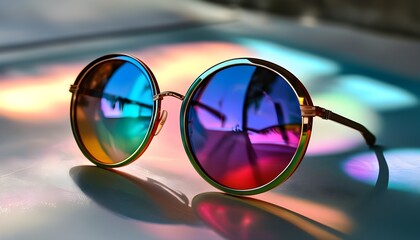 Vibrant reflections through rainbow mirrored round sunglasses