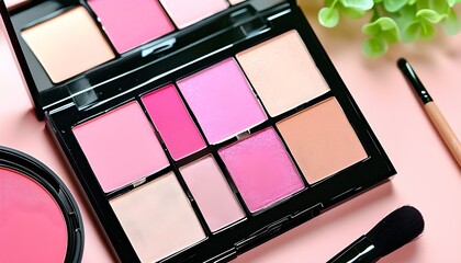 Playful pastel pink eyeshadow palette paired with coordinating brushes for vibrant and fun makeup styles