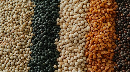 Wall Mural -   Close-up of diverse bean assortment on table, black and white plate in foreground