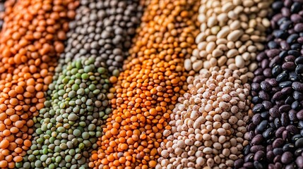 Poster -   A close-up of a variety of beans arranged on a table, showcasing their vibrant colors including orange, yellow, green, red, white, blue, black, and brown