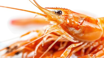 Close-up of a cooked shrimp with a white background showing the details of its shell, legs, and eye.