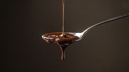 Poster -   A spoon filled with melted chocolate sits atop a black surface, its scoop of chocolate perched atop the spoon