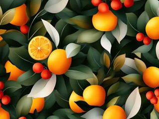 Wall Mural - Vibrant pattern featuring oranges and red berries surrounded by lush green leaves, perfect for fresh and fruity designs.