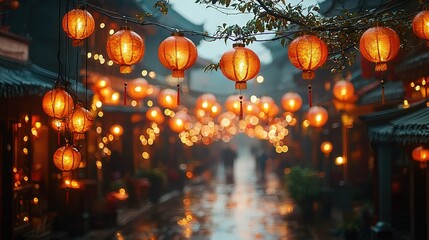 Sticker -   A street lined with numerous red lanterns dangling from buildings beside a tree