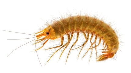 A close-up of a small, translucent crustacean with segmented body and feathery antennae, isolated on a white background.