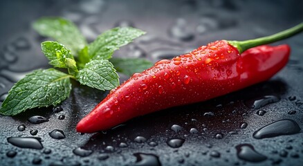 Canvas Print - Fresh red chili pepper with water droplets and mint leaves on a black surface