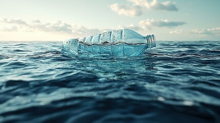 Wall Mural -   A plastic bottle floats mid-water, surrounded by sky and cloudscapes