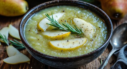 Wall Mural - Warm, creamy apple soup garnished with fresh rosemary and apple slices on rustic wood