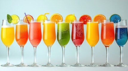 Wall Mural -   Row of wine glasses with various drinks and orange, lemon, lime garnishes