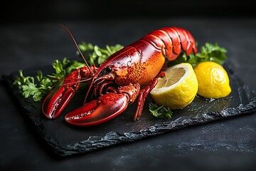 A cooked lobster served with lemon on a slate platter.