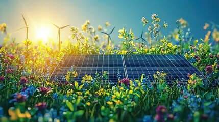 Canvas Print -  A solar panel in a field surrounded by flowers and windmills with the sun shining through the clouds