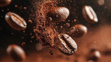 Poster -   A mound of coffee beans cascading onto another mound of coffee beans, which in turn rests atop another mound of coffee beans