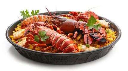 A delicious paella with two whole lobsters, shrimp, and parsley in a black pan.