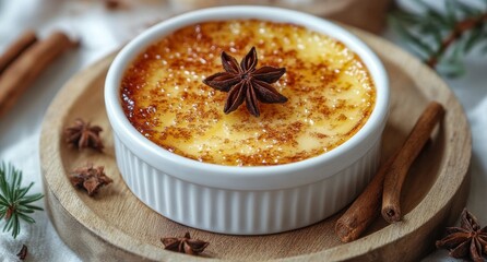 Wall Mural - Creamy custard dessert topped with caramelized sugar and served with cinnamon sticks