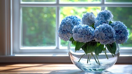 Poster -   A blue-filled glass vase rests atop a table, beside a green, leafy window plant