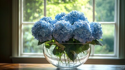 Sticker -   A vase of blue flowers sits on a table by a green tree through a window