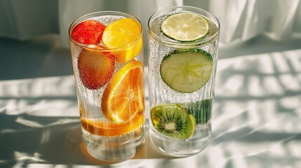 Sticker -   A pair of glasses brimming with various fruits atop a white tablecloth