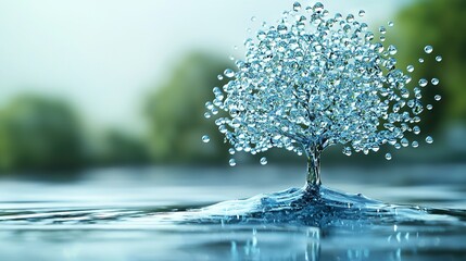 Canvas Print -   A tree-shaped water droplet floats atop a body of water surrounded by trees in the background