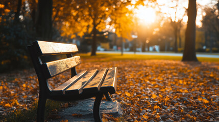 Empty wooden bench in a park during autumn at sunset. Fallen leaves on the ground and warm golden light create a peaceful atmosphere. Autumn season and nature concept.