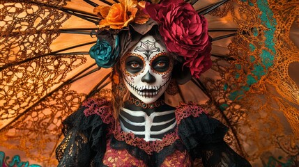 Woman in Black Dress with Skull Makeup and Floral Headpiece