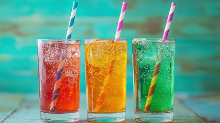 Wall Mural -   Three beverages in a line, each in a distinct color, with straws and on a wooden table against a blue background