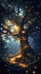 Wall Mural - enchanted forest glade at twilight luminous fireflies dancing around ancient tree trunks soft moonlight filtering through misty canopy