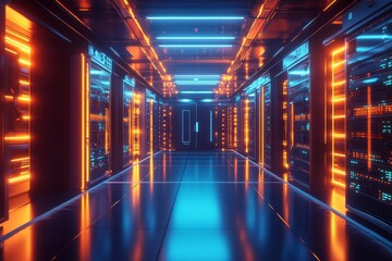 Wall Mural - A futuristic server room with rows of servers lit by vibrant blue and orange neon lights, symbolizing the power, speed, and efficiency of modern technology. The clean lines and sleek design create a s