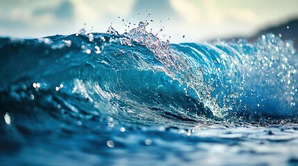 Poster -   A close-up wave image splashes water top while the background shows blue sky