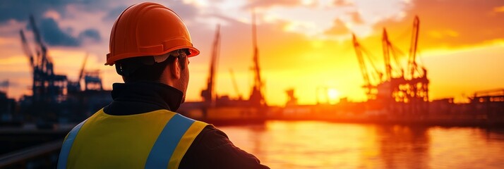 A lone worker in a safety vest and hard hat stands at the edge of a bustling port, gazing out at the vibrant sunset. The silhouette of cranes against the fiery sky reflects the industry and hard work 