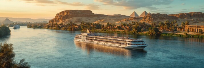 A luxurious cruise ship sails down the Nile River, offering breathtaking views of the iconic Pyramids of Giza. Enjoy a relaxing vacation and explore ancient Egyptian landmarks while enjoying the sceni