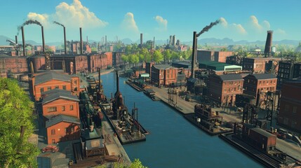 Canvas Print - Industrial Cityscape with River and Smoke Stacks