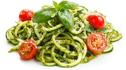 Sticker -   Close-up shot of pasta with pesto, tomatoes, basil on white plate